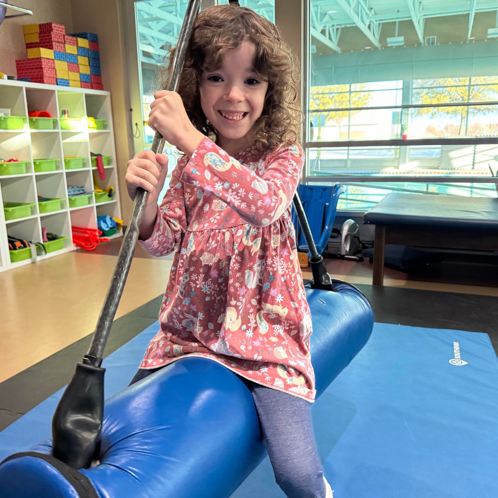 child hangs on a horse swing